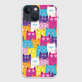 Чехол для iPhone 13 mini с принтом Разноцветные котики в Петрозаводске,  |  | blue | cat | colorful | cool | cute | funny | kitten | orange | paws | pink | purple | smile | tail | torso | white | yellow | белый | желтый | забавный | кот | котёнок | котик | котэ | кошка | лапы | милый | оранжевый | прикольный | разноцветны