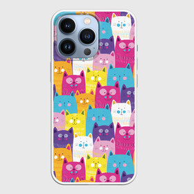 Чехол для iPhone 13 Pro с принтом Разноцветные котики в Петрозаводске,  |  | blue | cat | colorful | cool | cute | funny | kitten | orange | paws | pink | purple | smile | tail | torso | white | yellow | белый | желтый | забавный | кот | котёнок | котик | котэ | кошка | лапы | милый | оранжевый | прикольный | разноцветны