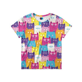 Детская футболка 3D с принтом Разноцветные котики в Петрозаводске, 100% гипоаллергенный полиэфир | прямой крой, круглый вырез горловины, длина до линии бедер, чуть спущенное плечо, ткань немного тянется | blue | cat | colorful | cool | cute | funny | kitten | orange | paws | pink | purple | smile | tail | torso | white | yellow | белый | желтый | забавный | кот | котёнок | котик | котэ | кошка | лапы | милый | оранжевый | прикольный | разноцветны