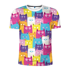 Мужская футболка 3D спортивная с принтом Разноцветные котики в Петрозаводске, 100% полиэстер с улучшенными характеристиками | приталенный силуэт, круглая горловина, широкие плечи, сужается к линии бедра | Тематика изображения на принте: blue | cat | colorful | cool | cute | funny | kitten | orange | paws | pink | purple | smile | tail | torso | white | yellow | белый | желтый | забавный | кот | котёнок | котик | котэ | кошка | лапы | милый | оранжевый | прикольный | разноцветны