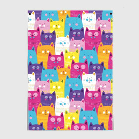 Постер с принтом Разноцветные котики в Петрозаводске, 100% бумага
 | бумага, плотность 150 мг. Матовая, но за счет высокого коэффициента гладкости имеет небольшой блеск и дает на свету блики, но в отличии от глянцевой бумаги не покрыта лаком | blue | cat | colorful | cool | cute | funny | kitten | orange | paws | pink | purple | smile | tail | torso | white | yellow | белый | желтый | забавный | кот | котёнок | котик | котэ | кошка | лапы | милый | оранжевый | прикольный | разноцветны