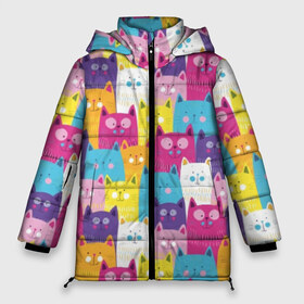 Женская зимняя куртка 3D с принтом Разноцветные котики в Петрозаводске, верх — 100% полиэстер; подкладка — 100% полиэстер; утеплитель — 100% полиэстер | длина ниже бедра, силуэт Оверсайз. Есть воротник-стойка, отстегивающийся капюшон и ветрозащитная планка. 

Боковые карманы с листочкой на кнопках и внутренний карман на молнии | blue | cat | colorful | cool | cute | funny | kitten | orange | paws | pink | purple | smile | tail | torso | white | yellow | белый | желтый | забавный | кот | котёнок | котик | котэ | кошка | лапы | милый | оранжевый | прикольный | разноцветны