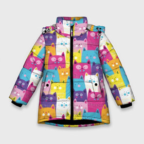 Зимняя куртка для девочек 3D с принтом Разноцветные котики в Петрозаводске, ткань верха — 100% полиэстер; подклад — 100% полиэстер, утеплитель — 100% полиэстер. | длина ниже бедра, удлиненная спинка, воротник стойка и отстегивающийся капюшон. Есть боковые карманы с листочкой на кнопках, утяжки по низу изделия и внутренний карман на молнии. 

Предусмотрены светоотражающий принт на спинке, радужный светоотражающий элемент на пуллере молнии и на резинке для утяжки. | blue | cat | colorful | cool | cute | funny | kitten | orange | paws | pink | purple | smile | tail | torso | white | yellow | белый | желтый | забавный | кот | котёнок | котик | котэ | кошка | лапы | милый | оранжевый | прикольный | разноцветны