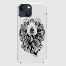 Чехол для iPhone 13 mini с принтом Кокер спаниель в Петрозаводске,  |  | animal | black | breed | cocker spaniel | cool | dog | eyes | interesting | look | muzzle | white | wool | белый | взгляд | глаза | животное | интересный | кокер спаниель | пёс | порода | прикольный | псина | собака | собакен | черный | шерсть