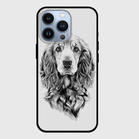 Чехол для iPhone 13 Pro с принтом Кокер спаниель в Петрозаводске,  |  | Тематика изображения на принте: animal | black | breed | cocker spaniel | cool | dog | eyes | interesting | look | muzzle | white | wool | белый | взгляд | глаза | животное | интересный | кокер спаниель | пёс | порода | прикольный | псина | собака | собакен | черный | шерсть