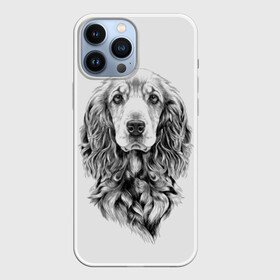 Чехол для iPhone 13 Pro Max с принтом Кокер спаниель в Петрозаводске,  |  | Тематика изображения на принте: animal | black | breed | cocker spaniel | cool | dog | eyes | interesting | look | muzzle | white | wool | белый | взгляд | глаза | животное | интересный | кокер спаниель | пёс | порода | прикольный | псина | собака | собакен | черный | шерсть