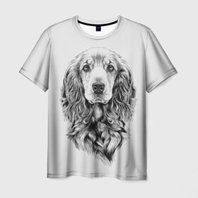 Мужская футболка 3D с принтом Кокер спаниель в Петрозаводске, 100% полиэфир | прямой крой, круглый вырез горловины, длина до линии бедер | animal | black | breed | cocker spaniel | cool | dog | eyes | interesting | look | muzzle | white | wool | белый | взгляд | глаза | животное | интересный | кокер спаниель | пёс | порода | прикольный | псина | собака | собакен | черный | шерсть