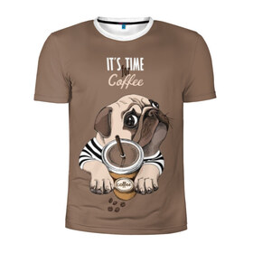 Мужская футболка 3D спортивная с принтом It`s time for coffee в Петрозаводске, 100% полиэстер с улучшенными характеристиками | приталенный силуэт, круглая горловина, широкие плечи, сужается к линии бедра | attractive face | breed | chocolate | coffee | cream | cute | dog | glance | motto | paws | pug | slogan | text | взгляд | девиз | кофе | кремовый | лапы | милый | мопс | пёс | порода | слоган | собака | текст | шоколадный