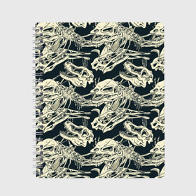 Тетрадь с принтом Черепа динозавров в Петрозаводске, 100% бумага | 48 листов, плотность листов — 60 г/м2, плотность картонной обложки — 250 г/м2. Листы скреплены сбоку удобной пружинной спиралью. Уголки страниц и обложки скругленные. Цвет линий — светло-серый
 | animal | black | dinosaur | predator | skeleton | skull | white | белый | динозавр | животное | скелет | хищник | череп | черный