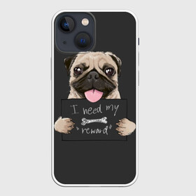 Чехол для iPhone 13 mini с принтом I need my “reward” в Петрозаводске,  |  | animal | breed | dog | eyes | funny | gray | look | muzzle | pug | slogan | text | взгляд | глаза | животное | забавный | мопс | порода | серый | слоган | собака | текст