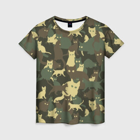 Женская футболка 3D с принтом Кошачий камуфляж в Петрозаводске, 100% полиэфир ( синтетическое хлопкоподобное полотно) | прямой крой, круглый вырез горловины, длина до линии бедер | animal | camouflage | cat | funny | green | khaki | marsh | silhouette | болотный | животное | забавный | зеленый | камуфляж | кот | котик | силуэт | хаки