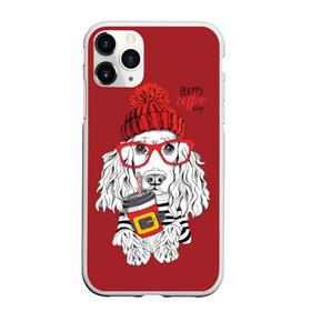 Чехол для iPhone 11 Pro матовый с принтом Happy coffee day в Петрозаводске, Силикон |  | animal | breed | coffee | coffee lover | dog | hat | red | slogan | spaniel | text | white | белый | животное | кофе | кофеман | красный | очки | порода | слоган | собака | спаниель | текст | шапка