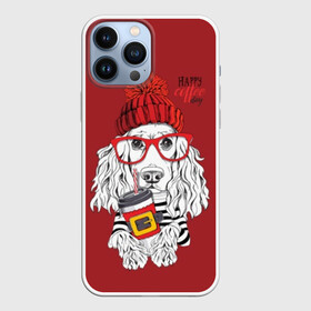 Чехол для iPhone 13 Pro Max с принтом Happy coffee day в Петрозаводске,  |  | animal | breed | coffee | coffee lover | dog | hat | red | slogan | spaniel | text | white | белый | животное | кофе | кофеман | красный | очки | порода | слоган | собака | спаниель | текст | шапка