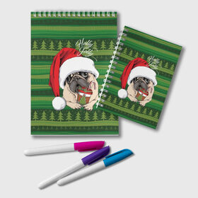 Блокнот с принтом Holly Jolly в Петрозаводске, 100% бумага | 48 листов, плотность листов — 60 г/м2, плотность картонной обложки — 250 г/м2. Листы скреплены удобной пружинной спиралью. Цвет линий — светло-серый
 | Тематика изображения на принте: animal | breed | christmas | cozy | dog | family | green | holiday | home | new year | pug | red | tree | white | winter | белый | домашний | ёлки | животное | зеленый | зима | красный | мопс | новый год | порода | праздник | рождество | семейный | собака