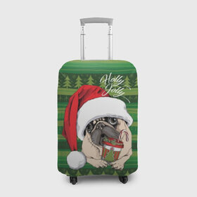 Чехол для чемодана 3D с принтом Holly Jolly в Петрозаводске, 86% полиэфир, 14% спандекс | двустороннее нанесение принта, прорези для ручек и колес | Тематика изображения на принте: animal | breed | christmas | cozy | dog | family | green | holiday | home | new year | pug | red | tree | white | winter | белый | домашний | ёлки | животное | зеленый | зима | красный | мопс | новый год | порода | праздник | рождество | семейный | собака