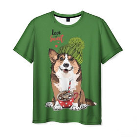 Мужская футболка 3D с принтом Love is sweet в Петрозаводске, 100% полиэфир | прямой крой, круглый вырез горловины, длина до линии бедер | animal | breed | brown | corgi | cute | dog | funny | green | hat | heart | slogan | text | white | белый | животное | забавный | зеленый | корги | коричневый | милый | пёс | порода | сердце | слоган | собака | текст | шапка