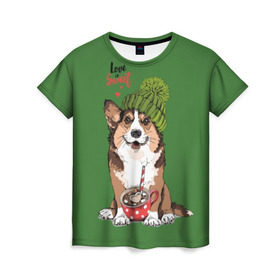 Женская футболка 3D с принтом Love is sweet в Петрозаводске, 100% полиэфир ( синтетическое хлопкоподобное полотно) | прямой крой, круглый вырез горловины, длина до линии бедер | animal | breed | brown | corgi | cute | dog | funny | green | hat | heart | slogan | text | white | белый | животное | забавный | зеленый | корги | коричневый | милый | пёс | порода | сердце | слоган | собака | текст | шапка