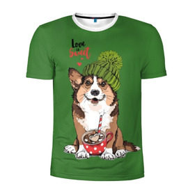 Мужская футболка 3D спортивная с принтом Love is sweet в Петрозаводске, 100% полиэстер с улучшенными характеристиками | приталенный силуэт, круглая горловина, широкие плечи, сужается к линии бедра | animal | breed | brown | corgi | cute | dog | funny | green | hat | heart | slogan | text | white | белый | животное | забавный | зеленый | корги | коричневый | милый | пёс | порода | сердце | слоган | собака | текст | шапка