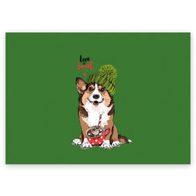 Поздравительная открытка с принтом Love is sweet в Петрозаводске, 100% бумага | плотность бумаги 280 г/м2, матовая, на обратной стороне линовка и место для марки
 | Тематика изображения на принте: animal | breed | brown | corgi | cute | dog | funny | green | hat | heart | slogan | text | white | белый | животное | забавный | зеленый | корги | коричневый | милый | пёс | порода | сердце | слоган | собака | текст | шапка