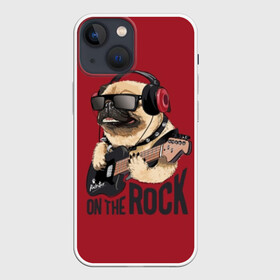 Чехол для iPhone 13 mini с принтом On the rock в Петрозаводске,  |  | Тематика изображения на принте: animal | black | breed | cool | dog | guitar | headphones | motto | music | pug | red | rock | rock star | slogan | text | гитара | девиз | животное | красный | крутой | мопс | музыка | наушники | очки | порода | рок | рок звезда | слоган | соба