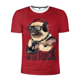 Мужская футболка 3D спортивная с принтом On the rock в Петрозаводске, 100% полиэстер с улучшенными характеристиками | приталенный силуэт, круглая горловина, широкие плечи, сужается к линии бедра | animal | black | breed | cool | dog | guitar | headphones | motto | music | pug | red | rock | rock star | slogan | text | гитара | девиз | животное | красный | крутой | мопс | музыка | наушники | очки | порода | рок | рок звезда | слоган | соба