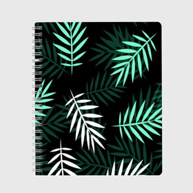 Тетрадь с принтом Листья пальмы в Петрозаводске, 100% бумага | 48 листов, плотность листов — 60 г/м2, плотность картонной обложки — 250 г/м2. Листы скреплены сбоку удобной пружинной спиралью. Уголки страниц и обложки скругленные. Цвет линий — светло-серый
 | 3d | green | leaves | magic | pattern | tekstura | white | белые | зеленые | листья | текстура | узор