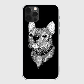 Чехол для iPhone 12 Pro Max с принтом Бульдог в Петрозаводске, Силикон |  | animal | black | bone | breed | bulldog | collar | dog | drawing | ethnic | eyes | look | muzzle | pattern | white | zendudl | белый | бульдог | взгляд | глаза | животное | зендудл | кость | ошейник | пёс | порода | рисунок | собака | узор | черны