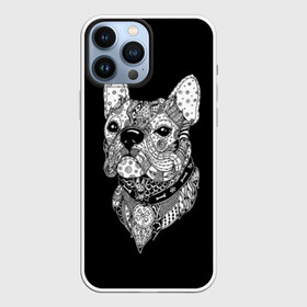 Чехол для iPhone 13 Pro Max с принтом Бульдог в Петрозаводске,  |  | animal | black | bone | breed | bulldog | collar | dog | drawing | ethnic | eyes | look | muzzle | pattern | white | zendudl | белый | бульдог | взгляд | глаза | животное | зендудл | кость | ошейник | пёс | порода | рисунок | собака | узор | черны