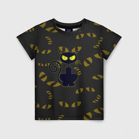 Детская футболка 3D с принтом Смотрящий кот в Петрозаводске, 100% гипоаллергенный полиэфир | прямой крой, круглый вырез горловины, длина до линии бедер, чуть спущенное плечо, ткань немного тянется | Тематика изображения на принте: 3d | абстракция | анимация | глаза | желтые | смотрящий  кот | черный