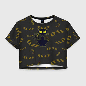 Женская футболка Cropp-top с принтом Смотрящий кот в Петрозаводске, 100% полиэстер | круглая горловина, длина футболки до линии талии, рукава с отворотами | 3d | абстракция | анимация | глаза | желтые | смотрящий  кот | черный