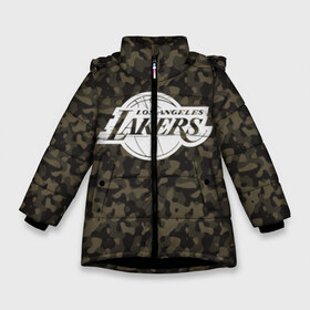 Зимняя куртка для девочек 3D с принтом Los Angeles Lakers Camo в Петрозаводске, ткань верха — 100% полиэстер; подклад — 100% полиэстер, утеплитель — 100% полиэстер. | длина ниже бедра, удлиненная спинка, воротник стойка и отстегивающийся капюшон. Есть боковые карманы с листочкой на кнопках, утяжки по низу изделия и внутренний карман на молнии. 

Предусмотрены светоотражающий принт на спинке, радужный светоотражающий элемент на пуллере молнии и на резинке для утяжки. | camo | lakers | los angeles lakers | nba | баскетбол | камуфляж | лос анджелес лейкерс | нба | спорт | хаки