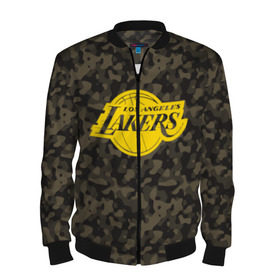 Мужской бомбер 3D с принтом Los Angeles Lakers Camo Gold в Петрозаводске, 100% полиэстер | застегивается на молнию, по бокам два кармана без застежек, по низу бомбера и на воротнике - эластичная резинка | 