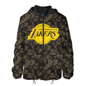 Мужская куртка 3D с принтом Los Angeles Lakers Camo Gold в Петрозаводске, ткань верха — 100% полиэстер, подклад — флис | прямой крой, подол и капюшон оформлены резинкой с фиксаторами, два кармана без застежек по бокам, один большой потайной карман на груди. Карман на груди застегивается на липучку | Тематика изображения на принте: 