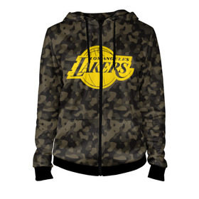 Женская толстовка 3D на молнии с принтом Los Angeles Lakers Camo Gold в Петрозаводске, 100% полиэстер | длина до линии бедра, манжеты и пояс оформлены мягкой тканевой резинкой, двухслойный капюшон со шнурком для регулировки, спереди молния, по бокам два кармана | 