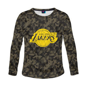 Женский лонгслив 3D с принтом Los Angeles Lakers Camo Gold в Петрозаводске, 100% полиэстер | длинные рукава, круглый вырез горловины, полуприлегающий силуэт | 