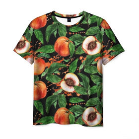 Мужская футболка 3D с принтом Персики в Петрозаводске, 100% полиэфир | прямой крой, круглый вырез горловины, длина до линии бедер | Тематика изображения на принте: аромат | зелень | лето | листья | персик | плоды | сад | сочный | спелый | фрукты | цветы