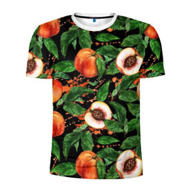 Мужская футболка 3D спортивная с принтом Персики в Петрозаводске, 100% полиэстер с улучшенными характеристиками | приталенный силуэт, круглая горловина, широкие плечи, сужается к линии бедра | аромат | зелень | лето | листья | персик | плоды | сад | сочный | спелый | фрукты | цветы