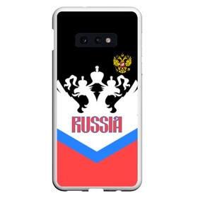 Чехол для Samsung S10E с принтом HOCKEY RUSSIA в Петрозаводске, Силикон | Область печати: задняя сторона чехла, без боковых панелей | hockey | russia | sport | герб | надписи | россия | сборная хоккея | символика | спорт | спортсмен | триколор | форма | хоккей | чемпионат | я русский