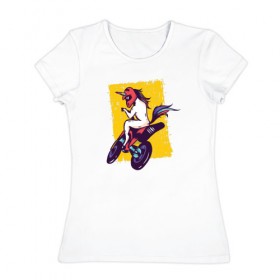 Женская футболка хлопок с принтом Мотоциклист Единорог в Петрозаводске, 100% хлопок | прямой крой, круглый вырез горловины, длина до линии бедер, слегка спущенное плечо | unicorn | единорог | мотоцикл