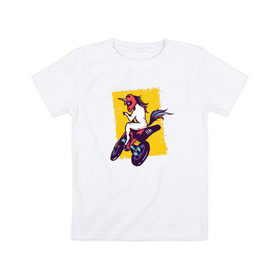 Детская футболка хлопок с принтом Мотоциклист Единорог в Петрозаводске, 100% хлопок | круглый вырез горловины, полуприлегающий силуэт, длина до линии бедер | Тематика изображения на принте: unicorn | единорог | мотоцикл