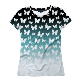 Женская футболка 3D с принтом Бабочки в Петрозаводске, 100% полиэфир ( синтетическое хлопкоподобное полотно) | прямой крой, круглый вырез горловины, длина до линии бедер | бабочки | градиент | крылышки | мотылёк | порхают