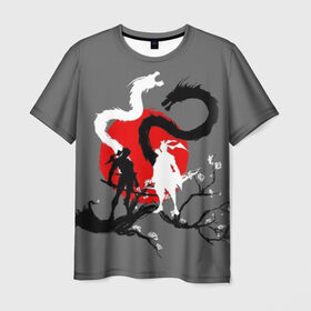 Мужская футболка 3D с принтом Битва драконов в Петрозаводске, 100% полиэфир | прямой крой, круглый вырез горловины, длина до линии бедер | Тематика изображения на принте: anime | meme | tokyo | аниме | герой | иероглиф | луна | манга | сакура | самурай | солнце | стиль | фентези | япония