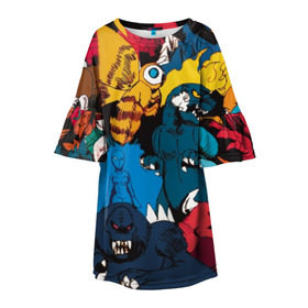 Детское платье 3D с принтом Годзилла в Петрозаводске, 100% полиэстер | прямой силуэт, чуть расширенный к низу. Круглая горловина, на рукавах — воланы | godzilla | king of the monsters | годзила | годзилла 2 | король монстров