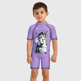 Детский купальный костюм 3D с принтом Kishibe Rohan in Purple в Петрозаводске, Полиэстер 85%, Спандекс 15% | застежка на молнии на спине | diamond is unbreakable | heavens door | jjba | jojo | kishibe | rohan
