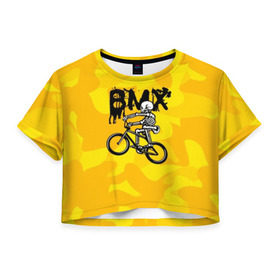 Женская футболка Cropp-top с принтом BMX в Петрозаводске, 100% полиэстер | круглая горловина, длина футболки до линии талии, рукава с отворотами | bike | bmx | bones | extreme | skeleton | skull | sport | велосипед | скелет | спорт | череп | экстрим