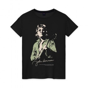Женская футболка хлопок с принтом Джон Леннон в Петрозаводске, 100% хлопок | прямой крой, круглый вырез горловины, длина до линии бедер, слегка спущенное плечо | активист | бас гитара | британский | гитара | губная гармоника | клавишные | композитор | музыкант | певец | писатель | поэт | рок | художник