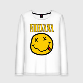 Женский лонгслив хлопок с принтом NIRVANA в Петрозаводске, 100% хлопок |  | music | nirvana | rip smile | rock | smile | группа | курт кобейн | музыка | нирвана | рок | смайл