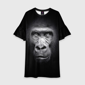 Детское платье 3D с принтом Горилла в Петрозаводске, 100% полиэстер | прямой силуэт, чуть расширенный к низу. Круглая горловина, на рукавах — воланы | animal | black | eyes | fauna | gorilla | gray | look | monkey | muzzle | primate | взгляд | глаза | горилла | животное | обезьяна | примат | серый | фауна | черный