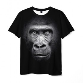 Мужская футболка 3D с принтом Горилла в Петрозаводске, 100% полиэфир | прямой крой, круглый вырез горловины, длина до линии бедер | animal | black | eyes | fauna | gorilla | gray | look | monkey | muzzle | primate | взгляд | глаза | горилла | животное | обезьяна | примат | серый | фауна | черный