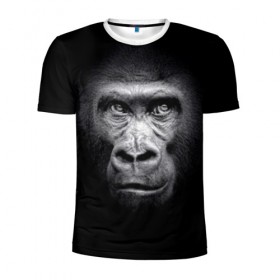 Мужская футболка 3D спортивная с принтом Горилла в Петрозаводске, 100% полиэстер с улучшенными характеристиками | приталенный силуэт, круглая горловина, широкие плечи, сужается к линии бедра | animal | black | eyes | fauna | gorilla | gray | look | monkey | muzzle | primate | взгляд | глаза | горилла | животное | обезьяна | примат | серый | фауна | черный